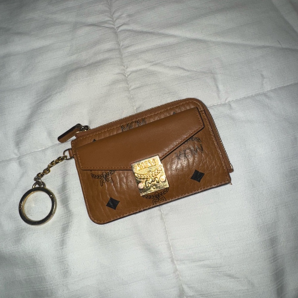 MCM Tan Leather Keychain Wallet with Gold Accents